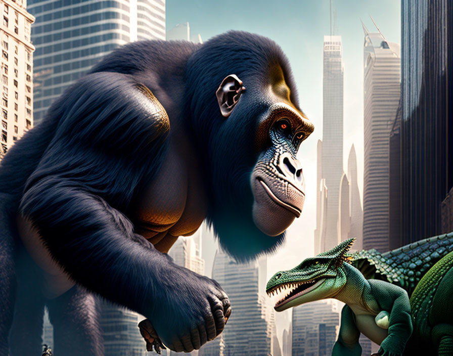 Detailed illustration: Gorilla meets green dinosaur with skyscrapers in background