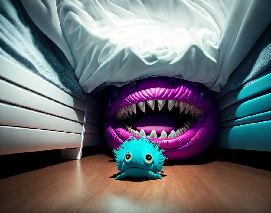 Blue wide-eyed creature hiding under bed from lurking monster