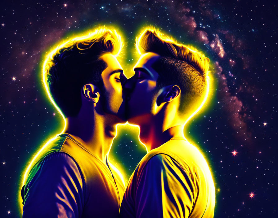 Stylized male figures in cosmic setting with heart-shaped glow