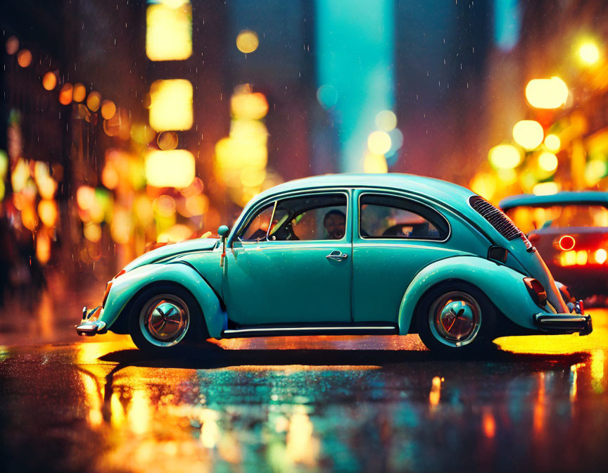 Toy model of classic Volkswagen Beetle on wet street at night with colorful city lights.