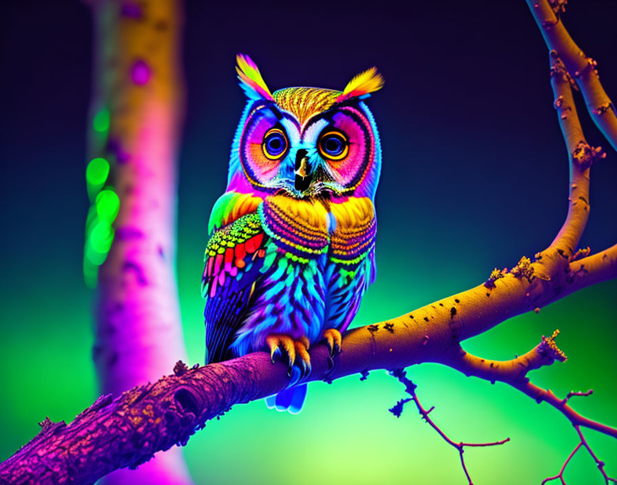 Colorful Rainbow Owl Perched on Branch with Neon Background