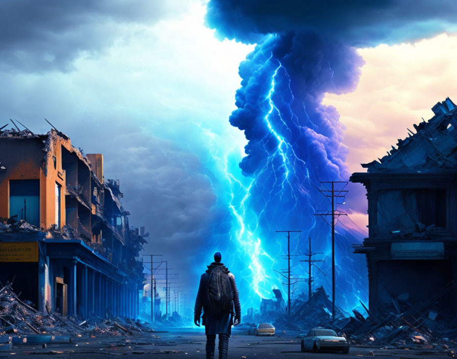 Person facing massive blue energy beam in ruined cityscape under stormy sky