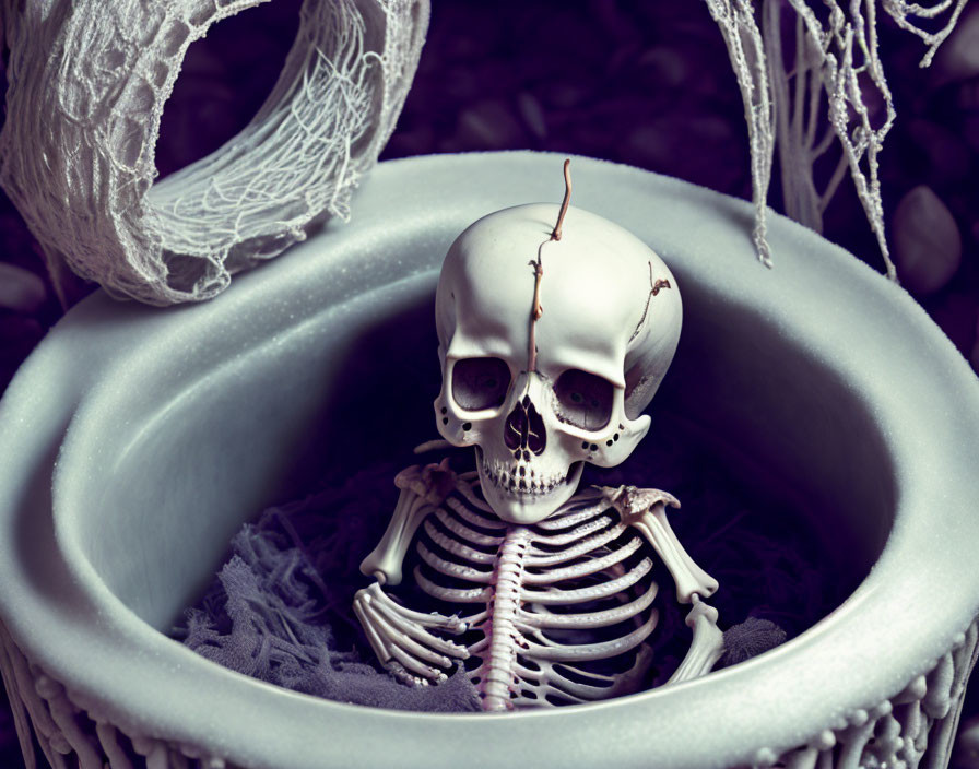 Skeleton model in circular container with purple fabric and white web-like thread.