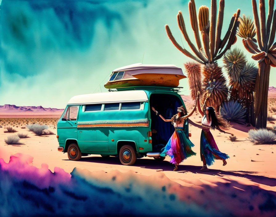 Vintage van with surfboard in desert oasis scene.