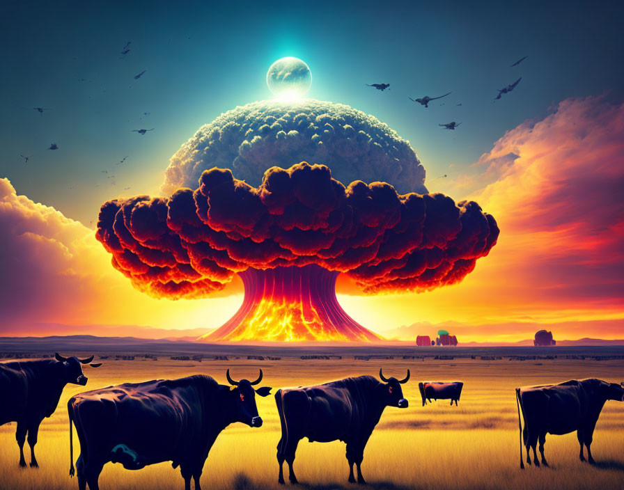 Surreal sunset sky with massive mushroom cloud above grazing cattle