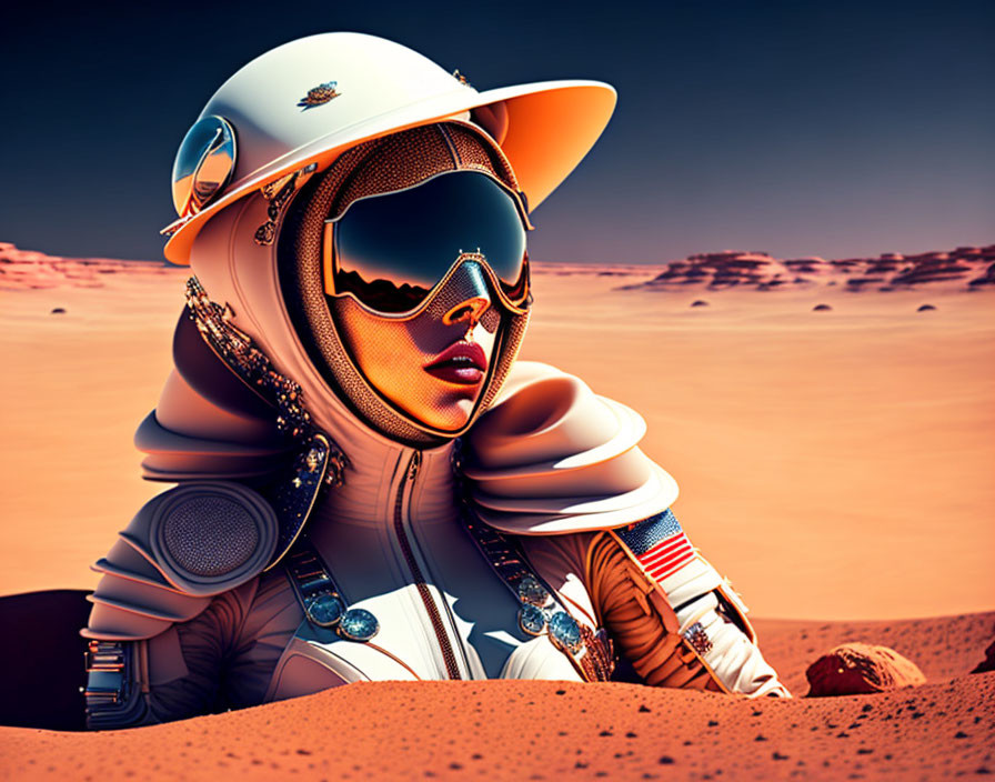 Stylish astronaut on rocky Martian surface under blue sky