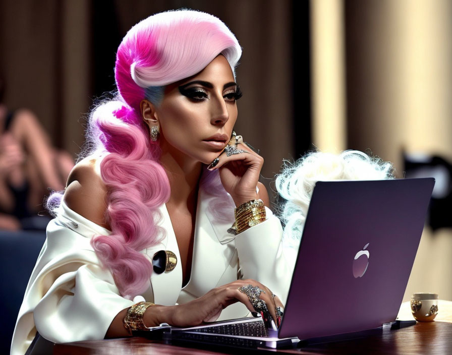 Pink-haired woman in white outfit with elaborate makeup using laptop at desk