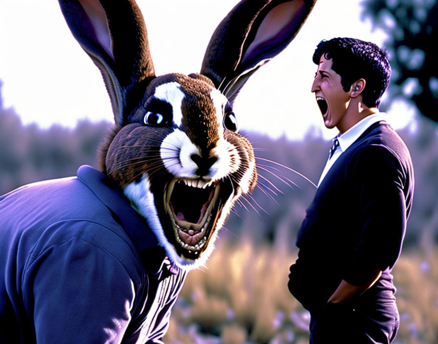 Man in suit confronts giant rabbit in forest setting