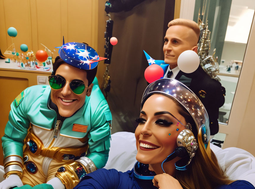 Four People in Vibrant Astronaut Costumes Posing with Festive Helmets in Balloon-F