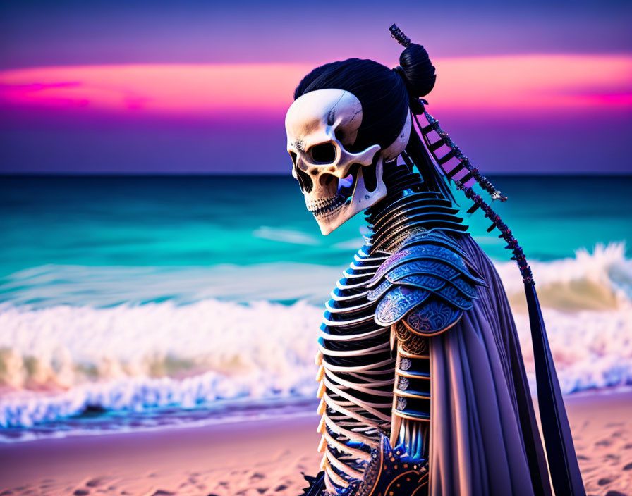 Samurai armor skeleton on beach at sunset with purple and orange skies