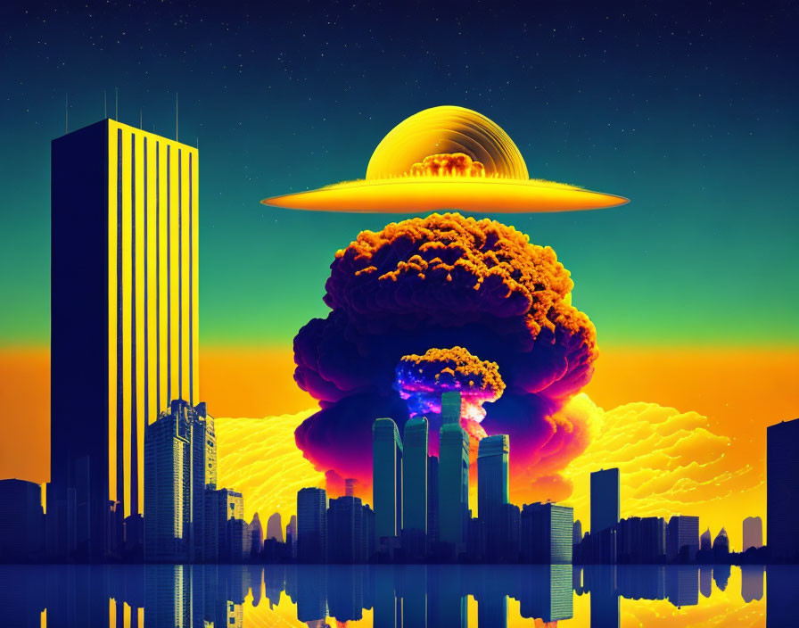 Surreal cityscape with skyscraper, dramatic sky, mushroom cloud, and Saturn.