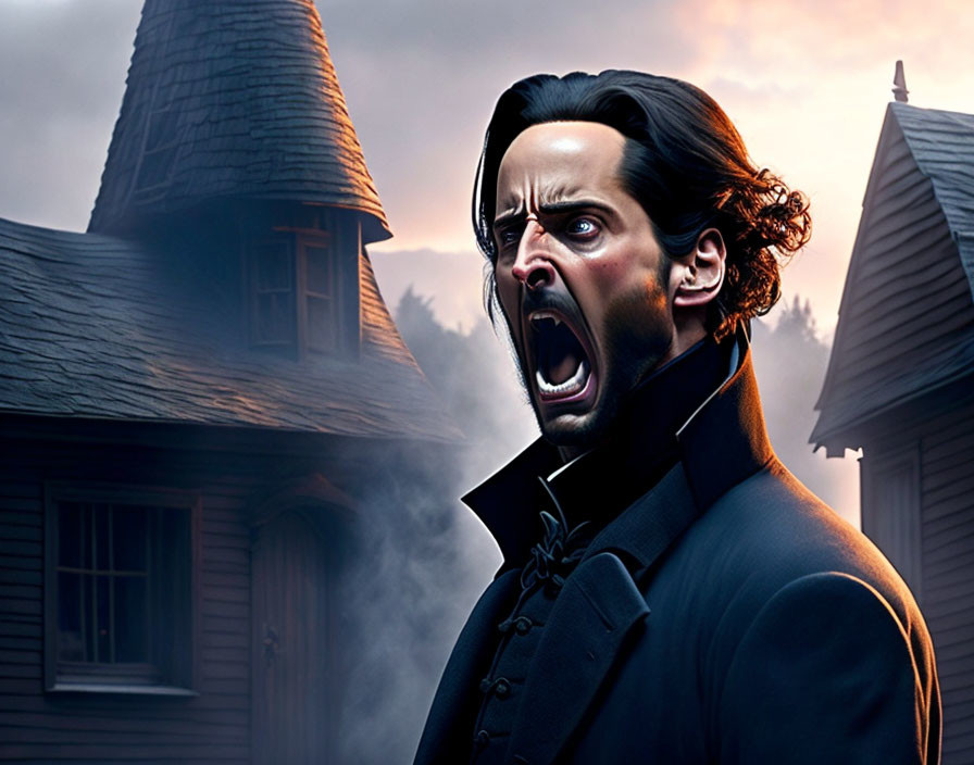 Victorian man with shocked expression near spooky house at dusk