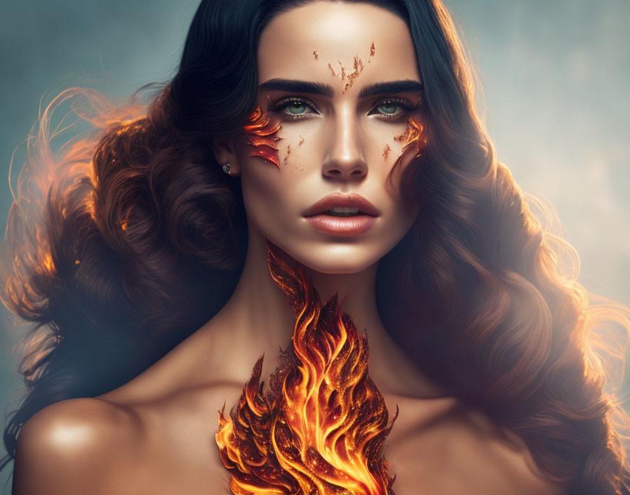 Woman with Wavy Hair and Flame-Inspired Makeup Portrait