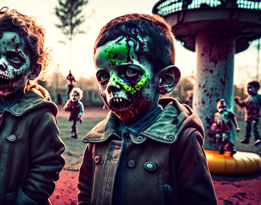 Kids in zombie face paint at dusk in park, spooky atmosphere, dark tones.