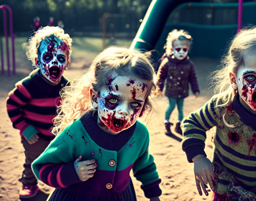 Kids with zombie face paint in playground.