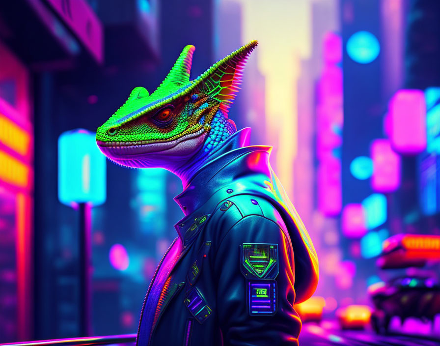 Stylized chameleon humanoid in leather jacket against neon cityscape