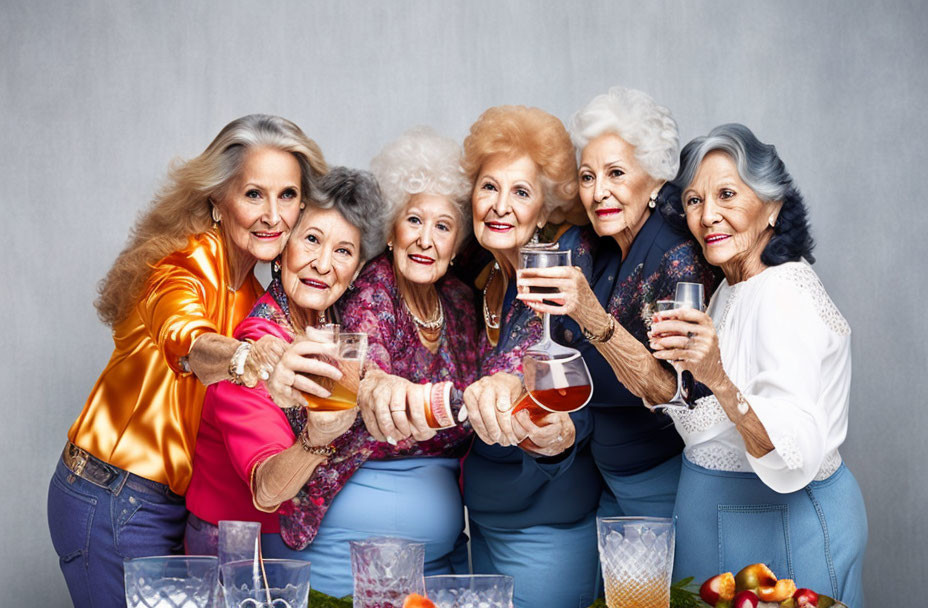 Six elderly women toasting drinks in friendly gathering.