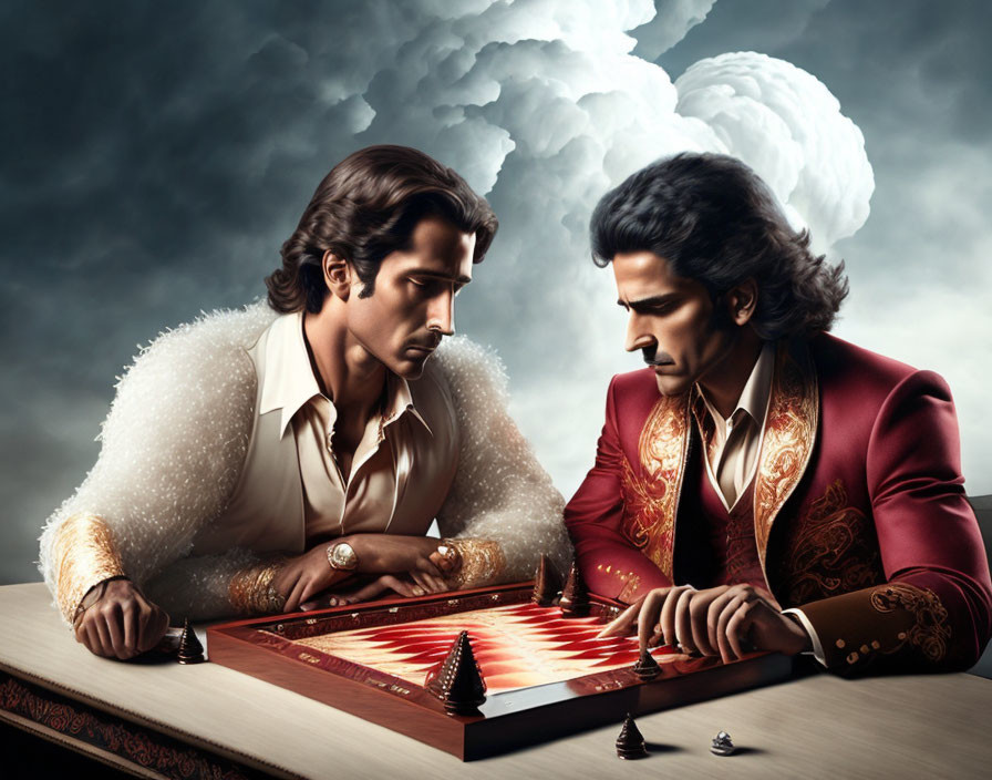 Stylized men playing backgammon against dramatic cloud backdrop