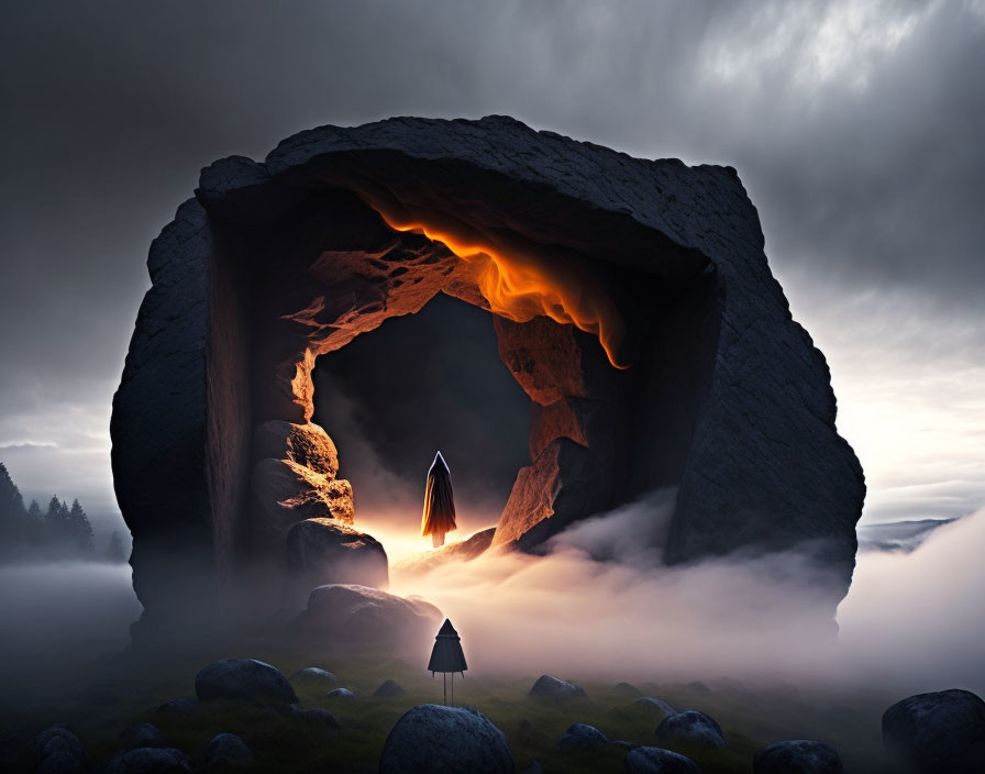 Person in front of glowing lava-like cave with misty landscape