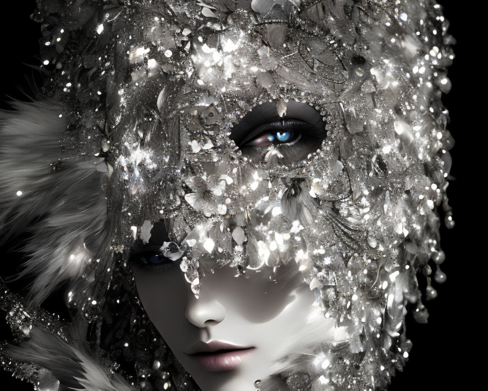 Elegant woman wearing intricate lace mask and feathers