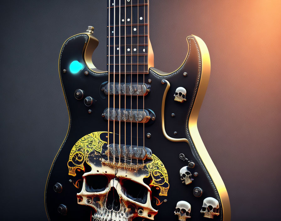 Stylized guitar with skull motifs and golden designs on gradient background