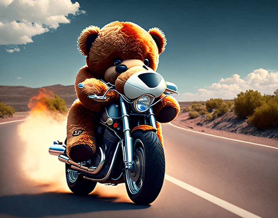 Stuffed Teddy Bear Riding Motorcycle on Sunny Road