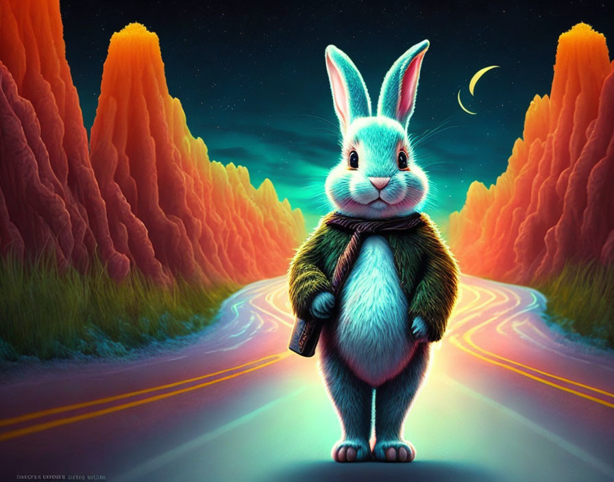 Anthropomorphic rabbit on road at twilight with surreal landscape