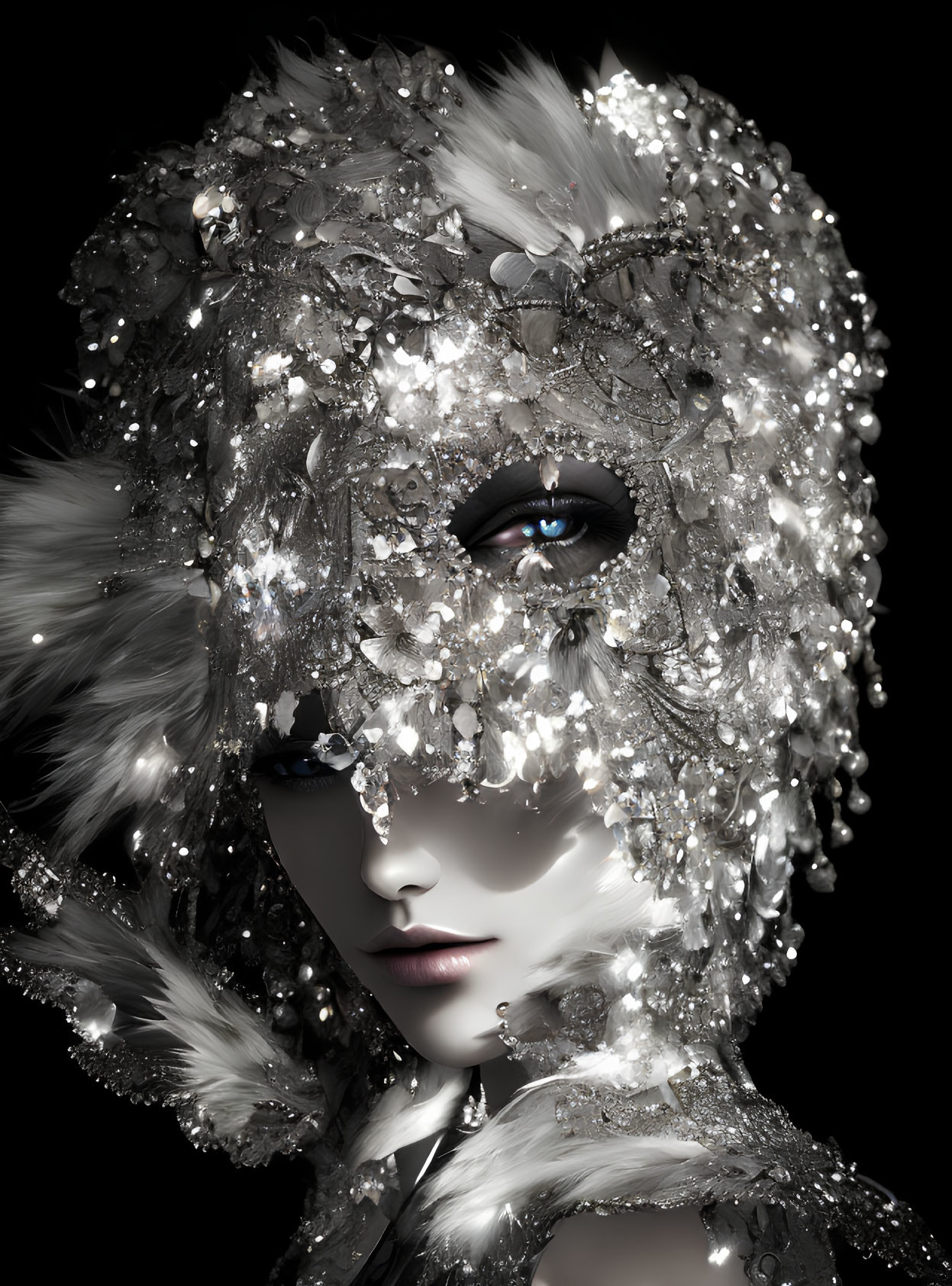 Elegant woman wearing intricate lace mask and feathers