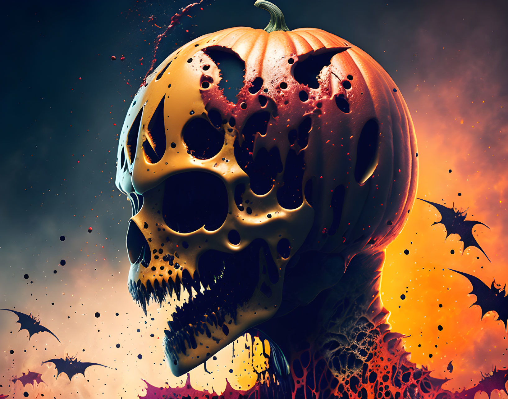 Spooky Halloween-themed image: Carved pumpkin with skull face, bats, fiery backdrop