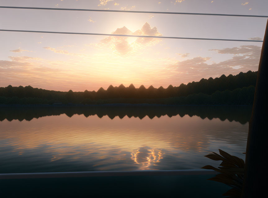 Vibrant sunset sky reflected on tranquil lake with silhouetted trees and power lines