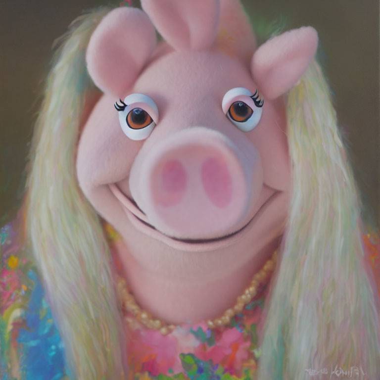 Blonde-Haired Miss Piggy Smiling in Colorful Blouse