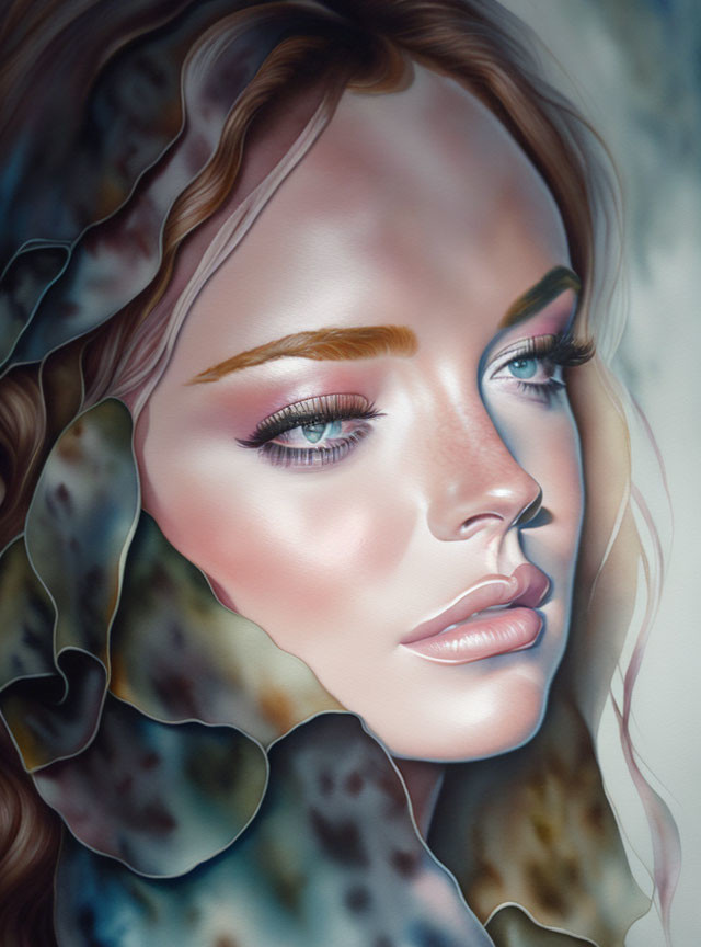 Detailed Makeup and Floral Hair Portrait of Serene Woman