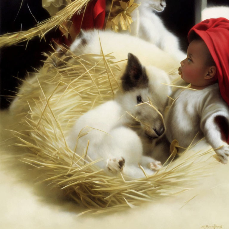 Baby in red hooded outfit with white puppy and kittens on straw