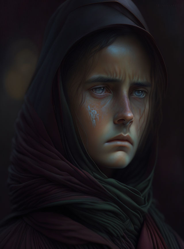 Hooded figure with blue teary markings in somber expression