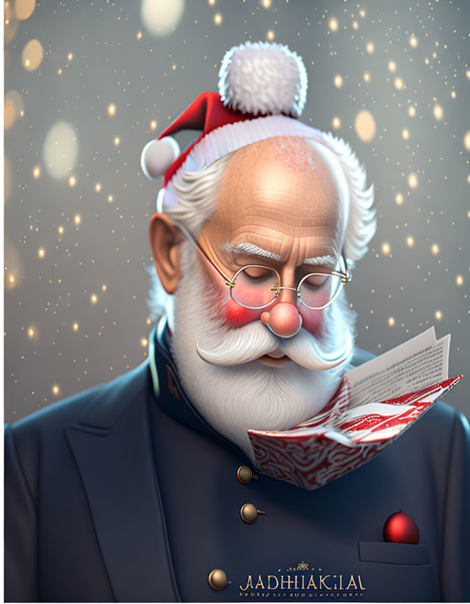 Illustration of Santa-like figure reading letter in blue coat with snowy background