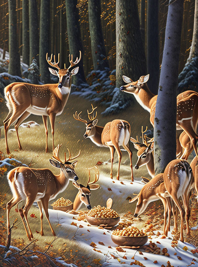 Spotted deer with antlers in snowy forest with golden light