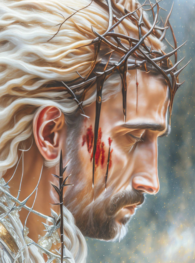 Character portrait with long blonde hair, crown of thorns, bloodstain, and starry backdrop