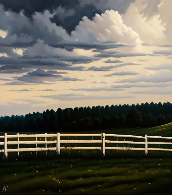 Tranquil landscape with white fence, green field, trees, and cloudy sky