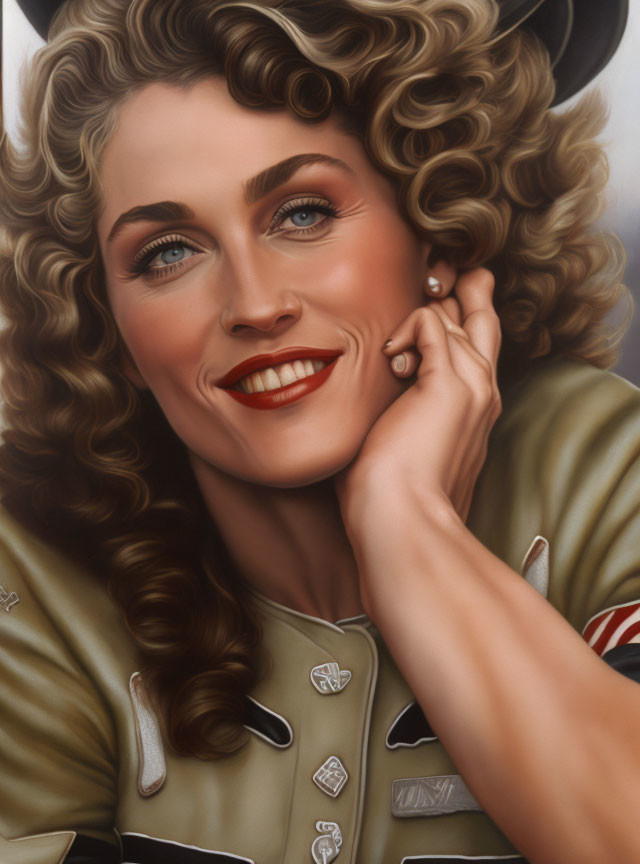 Portrait of a Smiling Woman with Curly Hair and Red Lipstick in Military-Style Shirt