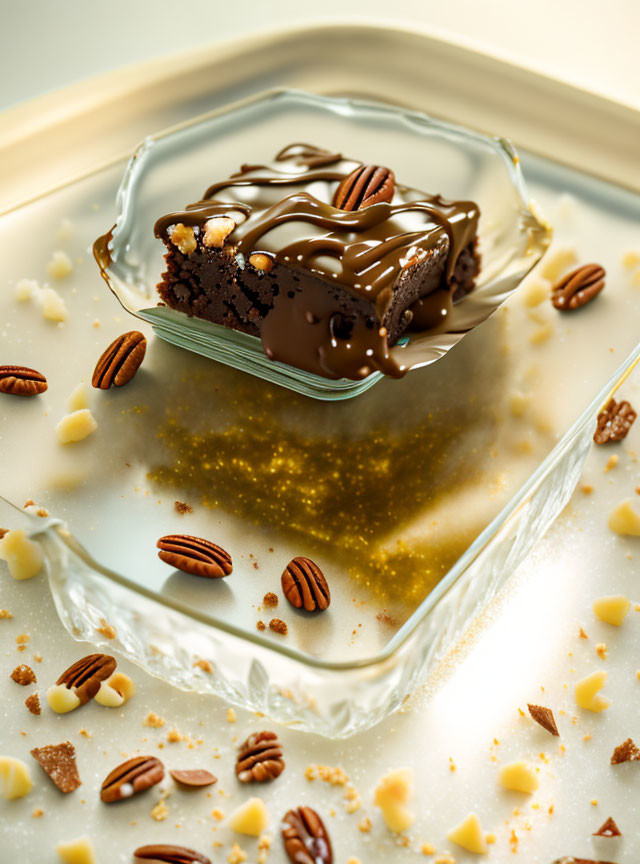 Chocolate Brownie with Pecans and Drizzled Chocolate on Glass Plate