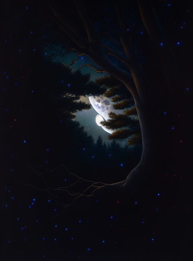 Moonlit Night Sky with Silhouetted Tree Branches and Glowing Blue Stars
