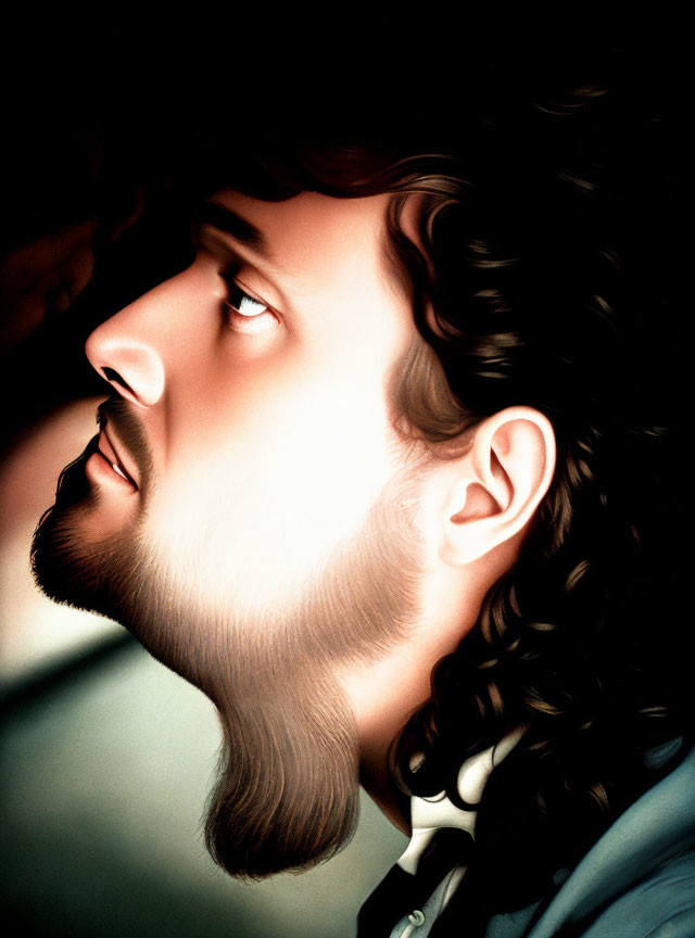 Illustrated portrait of a man with dark, curly hair and full beard, gazing upwards with shadow