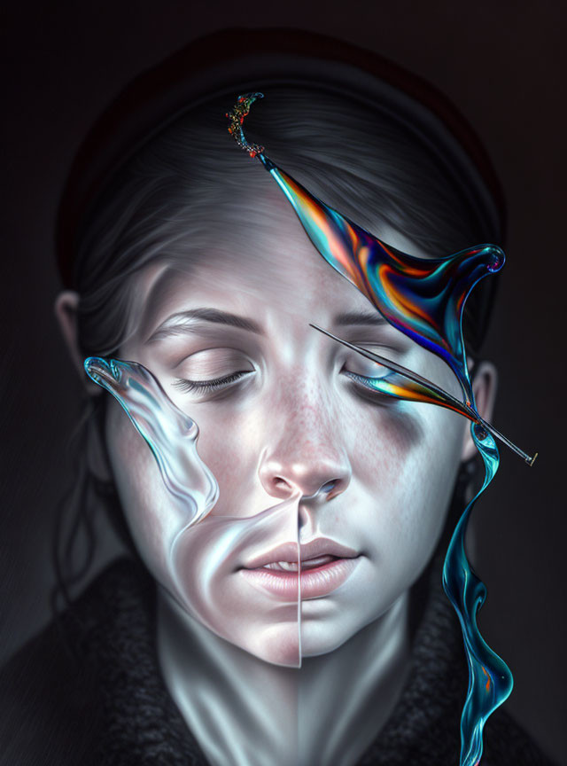 Multicolored liquid flows from woman's forehead in surreal portrait