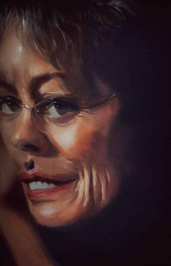 Detailed Painting of Mature Woman with Glasses and Gentle Smile