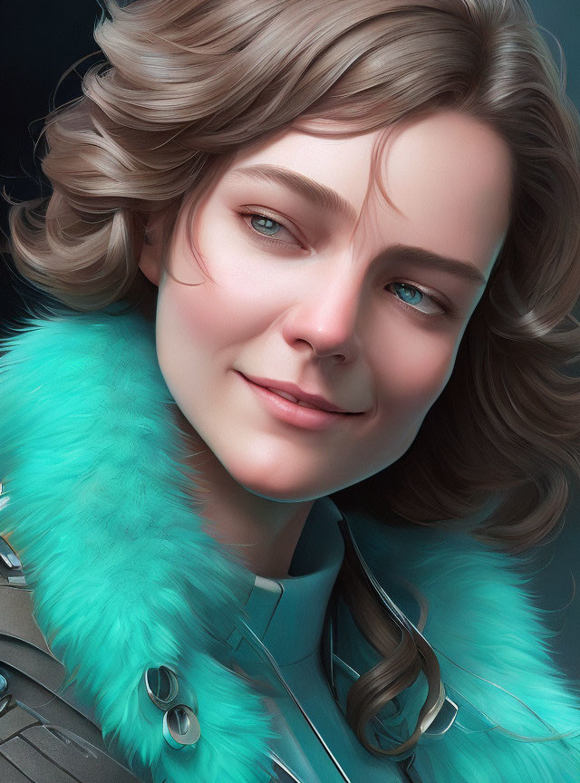 Detailed digital portrait of smiling woman with wavy hair in teal coat