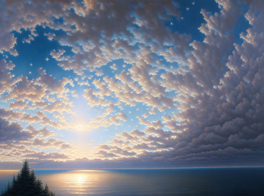 Tranquil sunrise seascape with scattered clouds and twinkling stars