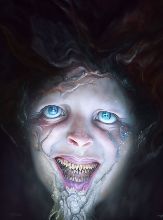 Exaggerated smile and blue eyes in surreal portrait