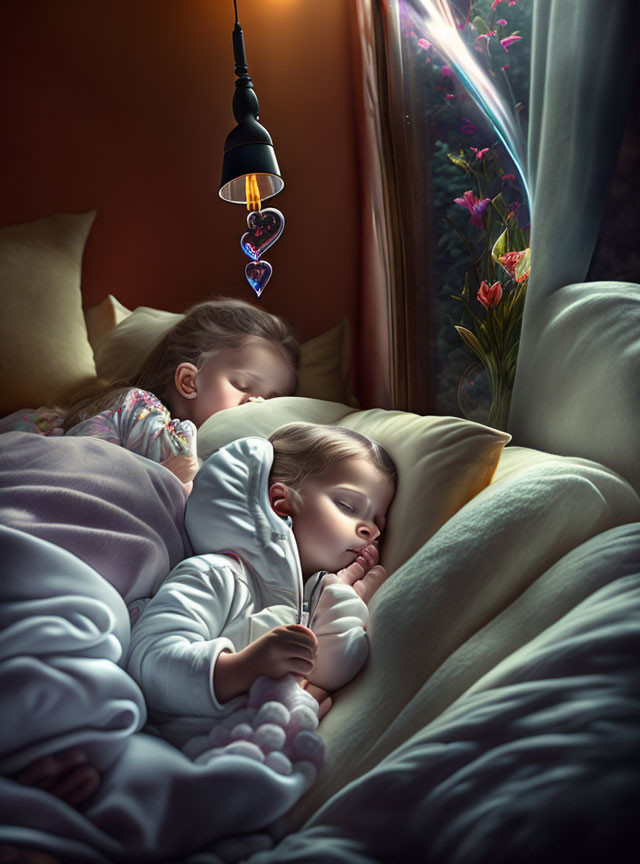 Children sleeping in cozy bed under warm light with colorful flowers by window