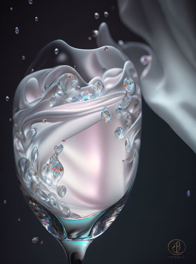 Translucent swirling liquid with crystals and fabric on dark background