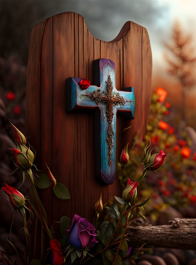 Wooden Cross with Blue Centerpiece and Red Roses in Autumnal Setting